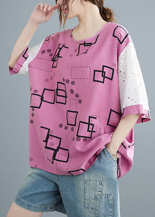 Modernes rosafarbenes O-Ausschnitt-Patchwork-Tanktop mit Hohlmuster und kurzen Ärmeln