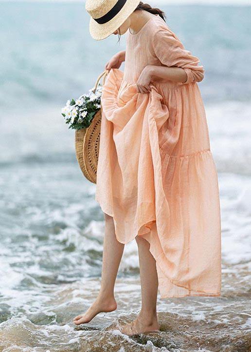 Modern Pink Patchwork Linen asymmetrical design Summer Ankle Dress - SooLinen