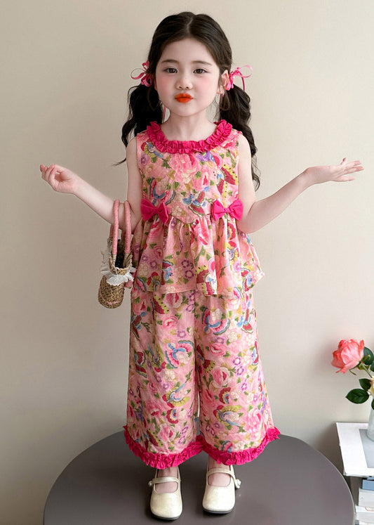 Modern Pink Print Bow Girls Top And Wide Leg Pants Two Pieces Set Summer