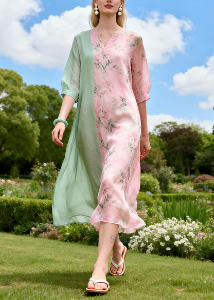 Modern Pink Print Patchwork Cotton Long Dress Summer