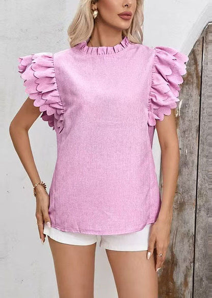 Modern Pink Ruffled Cotton Shirt Tops Butterfly Sleeve
