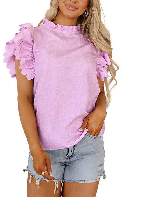 Modern Pink Ruffled Cotton Shirt Tops Butterfly Sleeve
