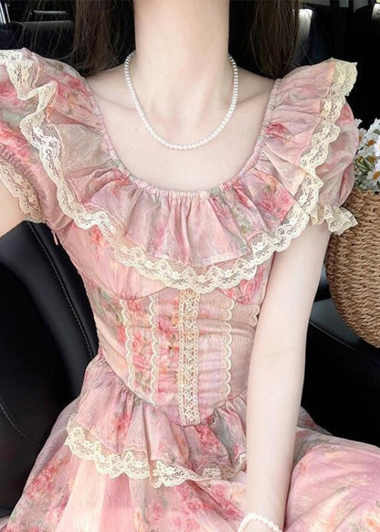 Modern Pink Ruffled Patchwork Lace Party Dress Summer