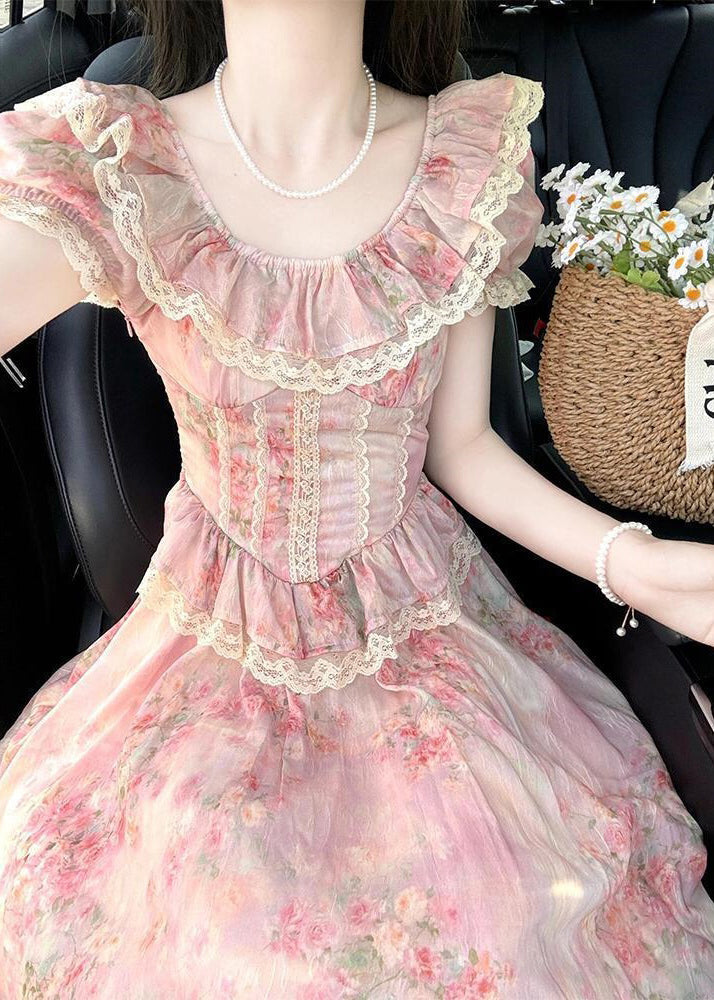 Modern Pink Ruffled Patchwork Lace Party Dress Summer