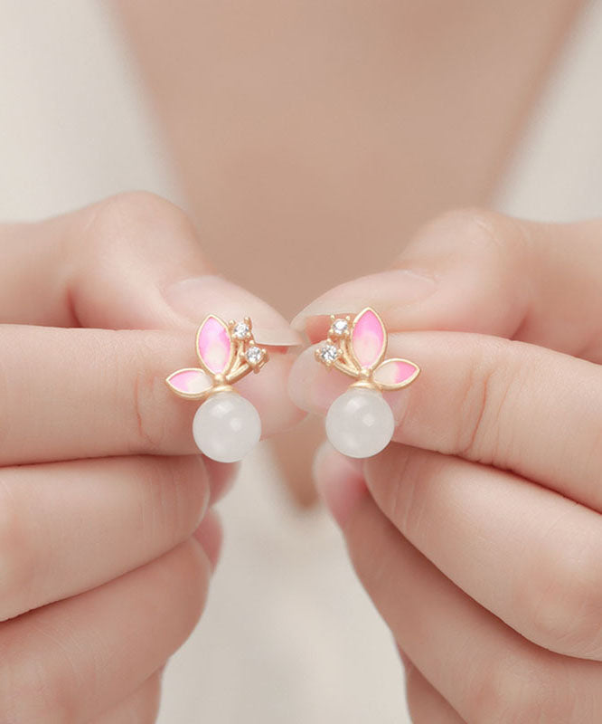 Pendientes modernos de plata de ley rosa con jade dorado y circonita cloisonné
