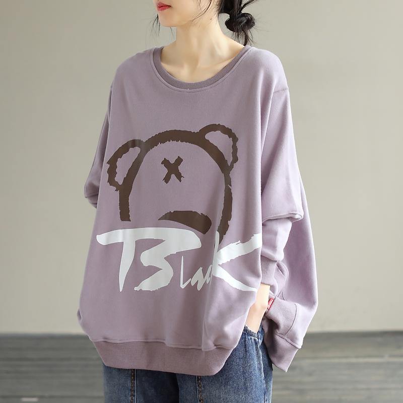 Modern Purple Cartoon print cotton Shirts O Neck loose Spring Shirts - SooLinen