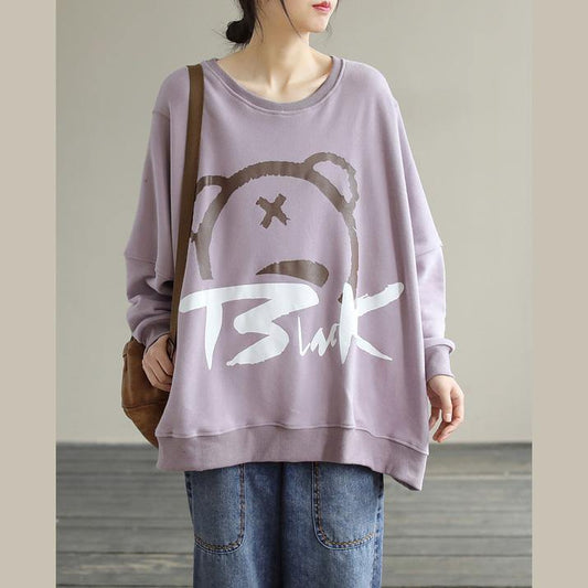 Modern Purple Cartoon print cotton Shirts O Neck loose Spring Shirts - SooLinen