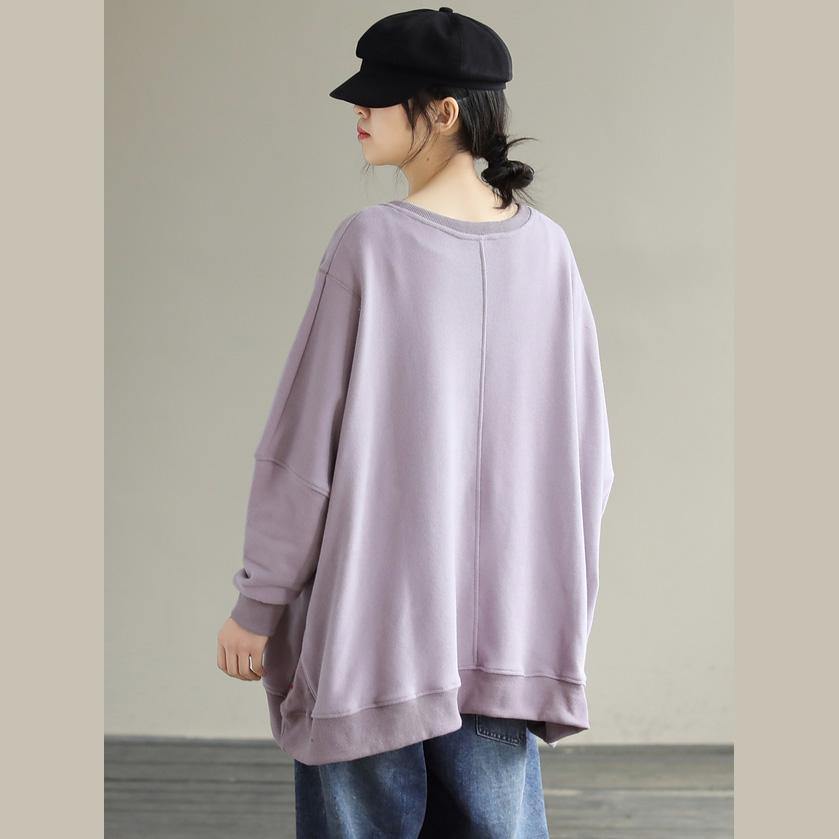 Modern Purple Cartoon print cotton Shirts O Neck loose Spring Shirts - SooLinen