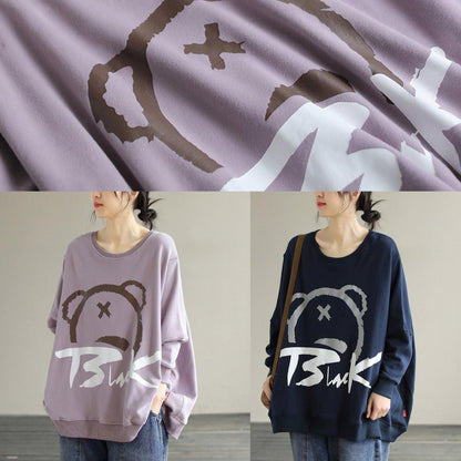 Modern Purple Cartoon print cotton Shirts O Neck loose Spring Shirts - SooLinen