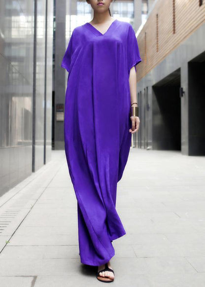 Modern Purple Clothes V Neck Baggy Dresses - SooLinen