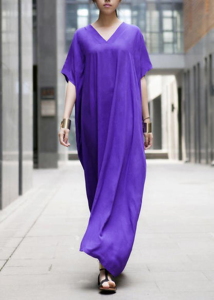 Modern Purple Clothes V Neck Baggy Dresses - SooLinen
