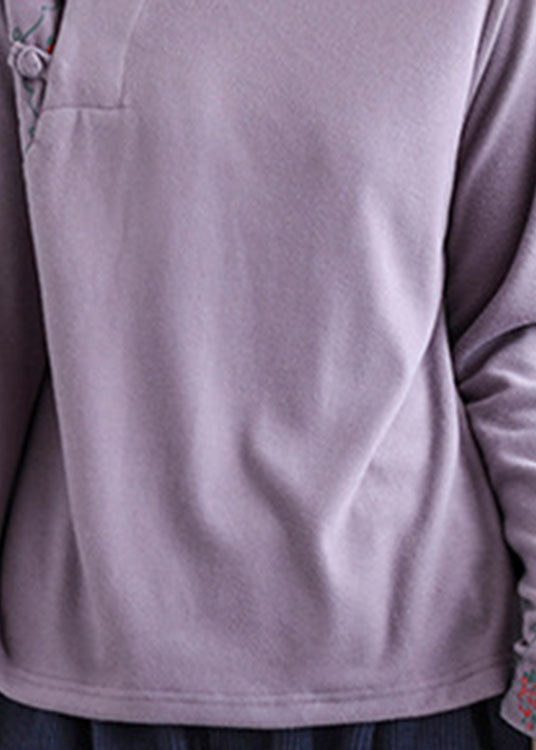 Modernes lila besticktes Knopf-Blumen-Baumwolltop für den Herbst