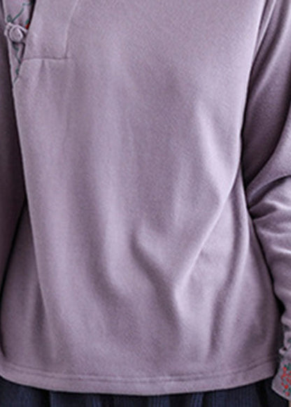 Modernes lila besticktes Knopf-Blumen-Baumwolltop für den Herbst