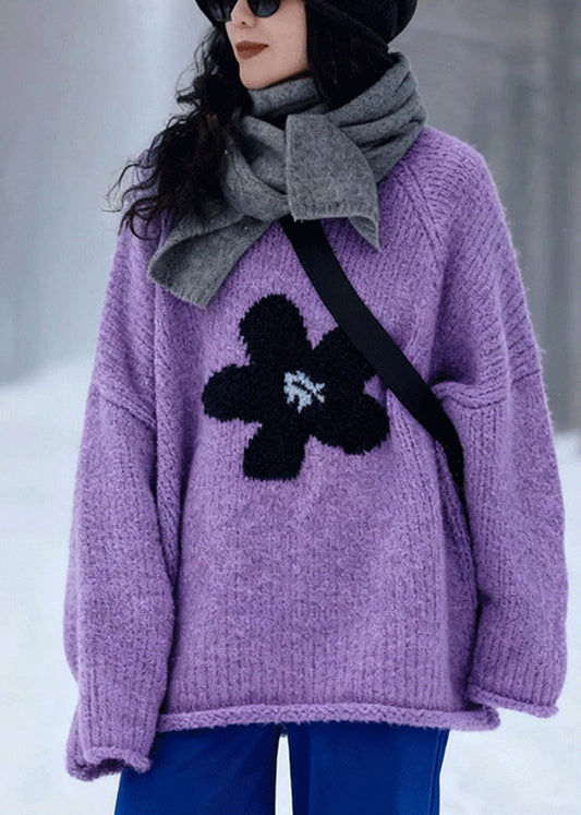 Suéter moderno de jacquard morado con cuello redondo para invierno
