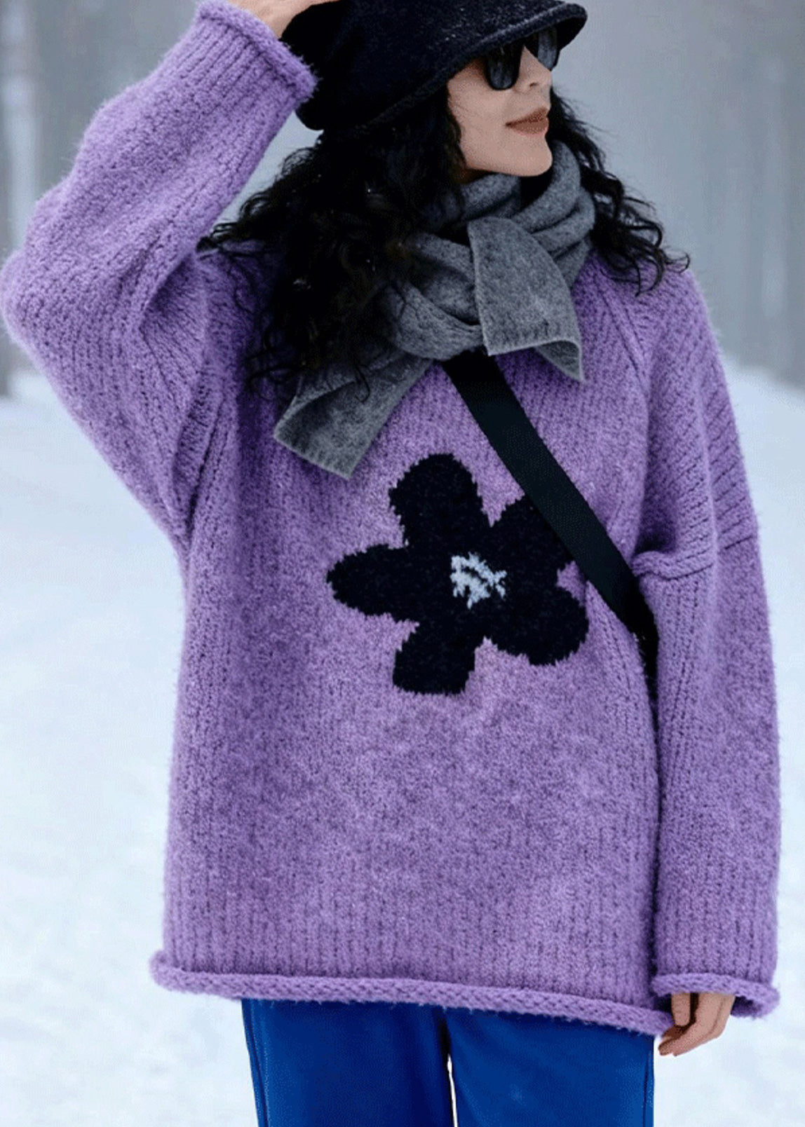 Suéter moderno de jacquard morado con cuello redondo para invierno