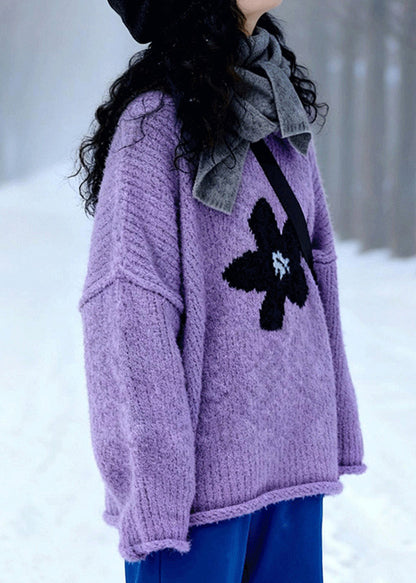 Suéter moderno de jacquard morado con cuello redondo para invierno