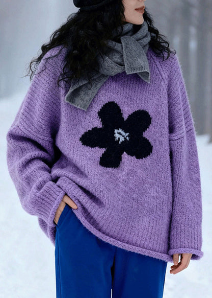 Suéter moderno de jacquard morado con cuello redondo para invierno