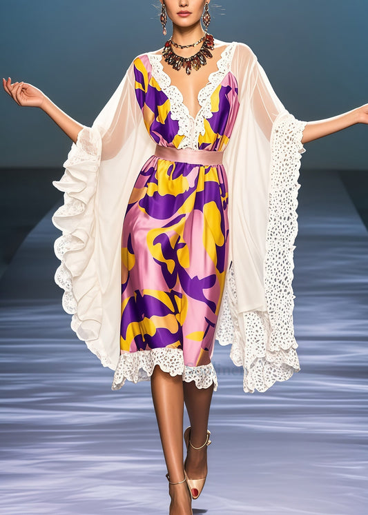 Modern Purple Ruffled Patchwork Silk Robe Dresses Summer