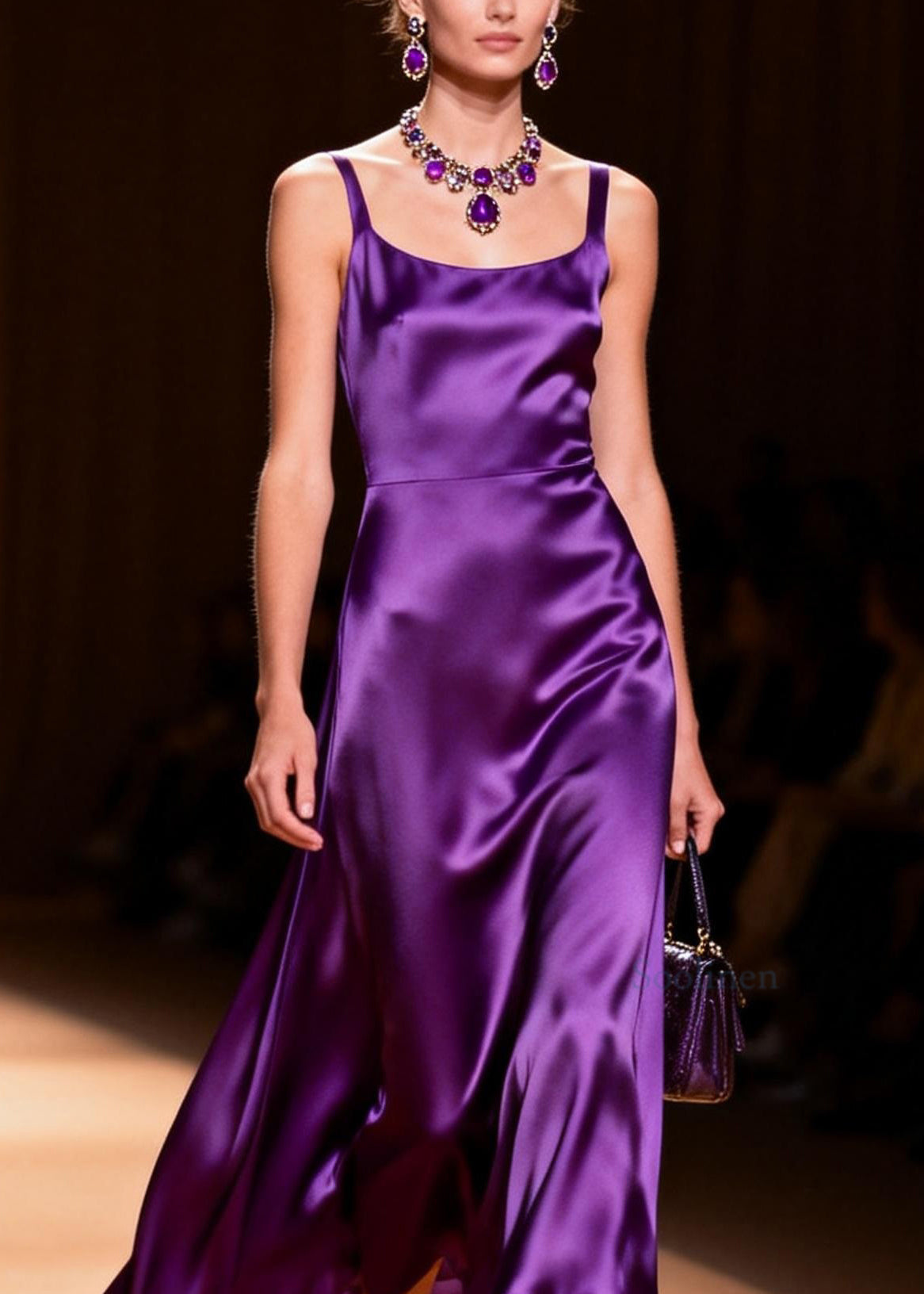 Modern Purple Square Collar Silk Spaghetti Strap Dress Summer