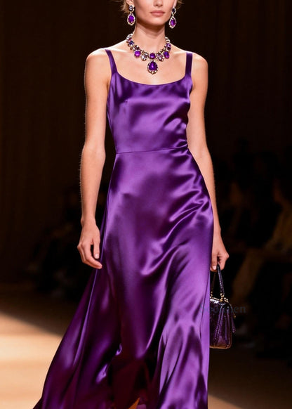 Modern Purple Square Collar Silk Spaghetti Strap Dress Summer