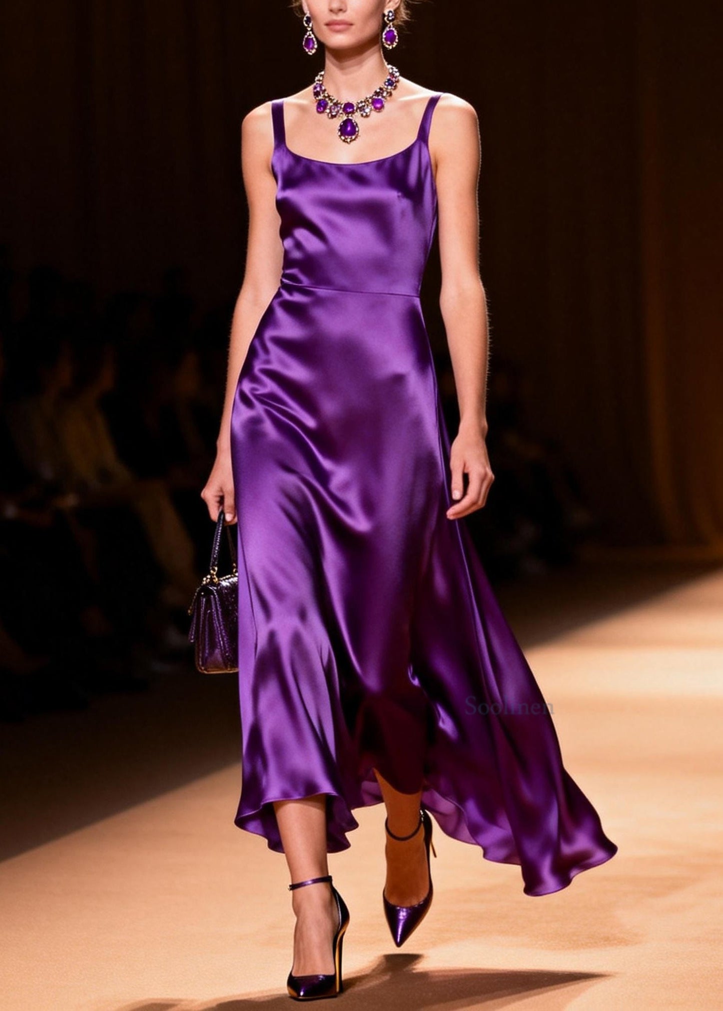 Modern Purple Square Collar Silk Spaghetti Strap Dress Summer