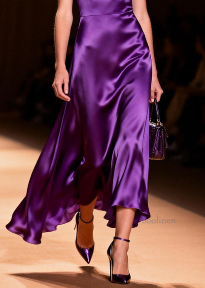 Modern Purple Square Collar Silk Spaghetti Strap Dress Summer