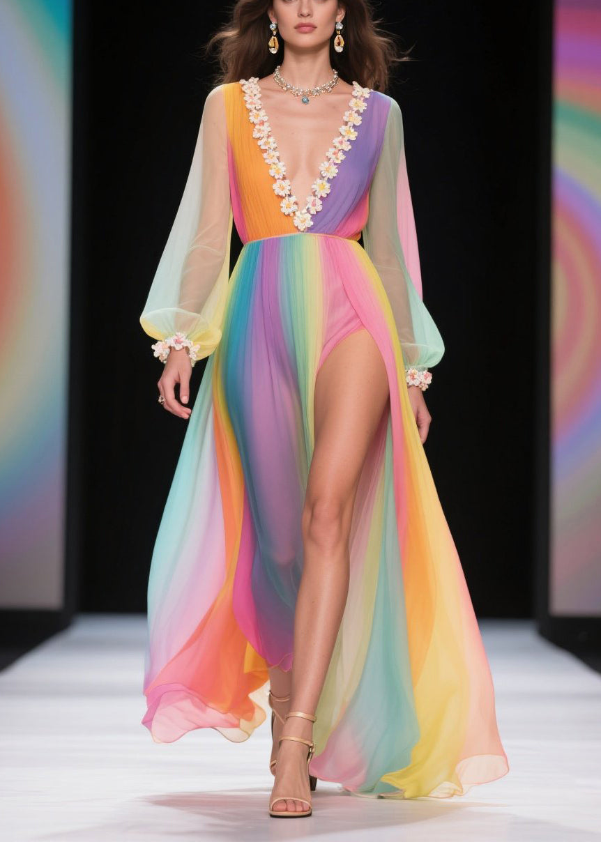 Modern Rainbow Exra Large Hem Side Open Tulle Vacation Dress Summer