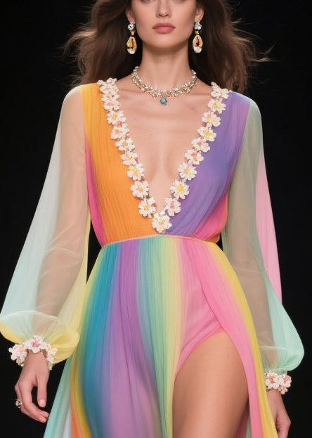 Modern Rainbow Exra Large Hem Side Open Tulle Vacation Dress Summer
