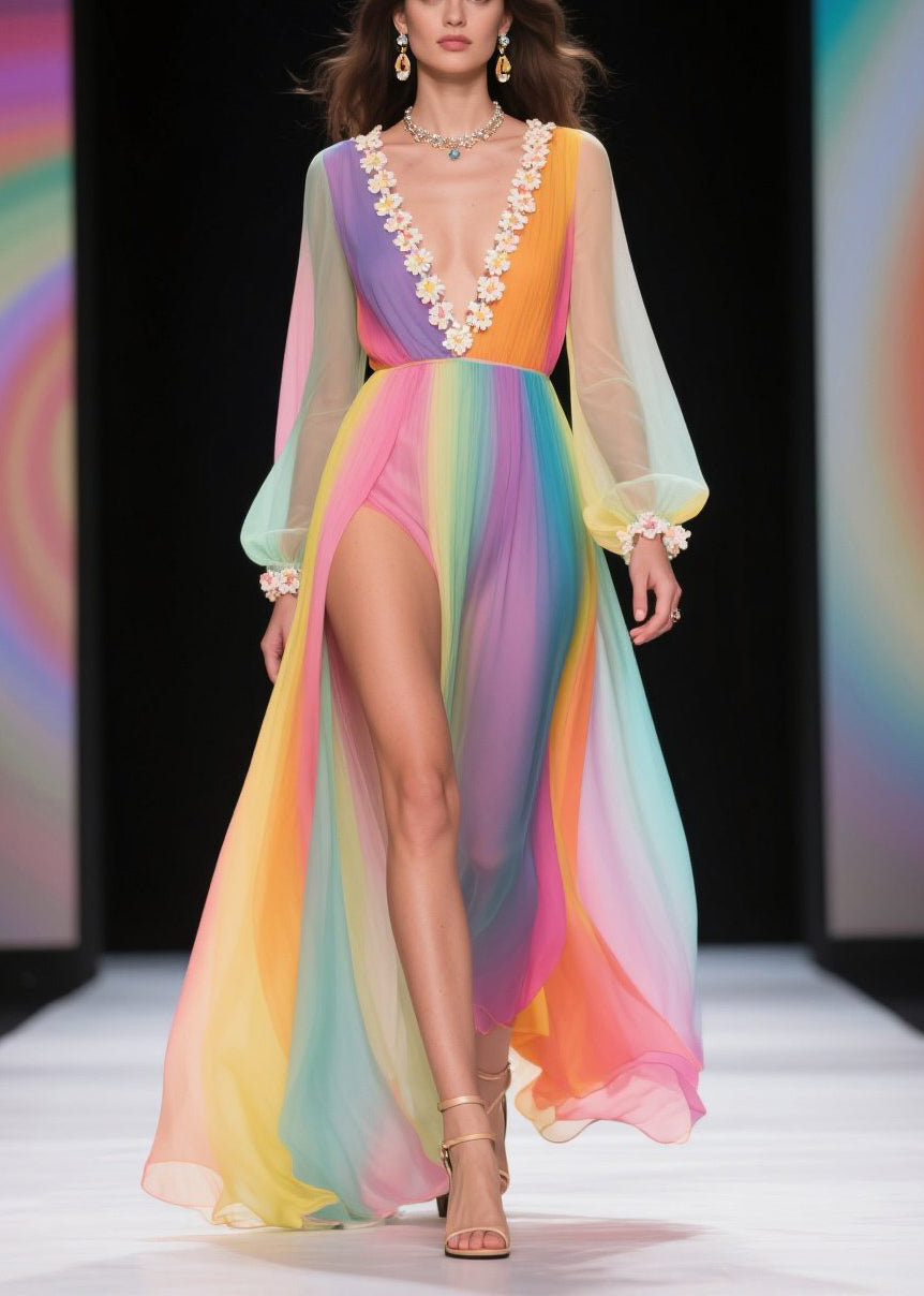 Modern Rainbow Exra Large Hem Side Open Tulle Vacation Dress Summer