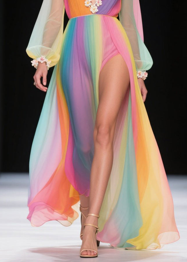 Modern Rainbow Exra Large Hem Side Open Tulle Vacation Dress Summer