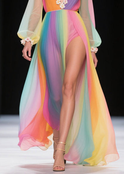 Modern Rainbow Exra Large Hem Side Open Tulle Vacation Dress Summer