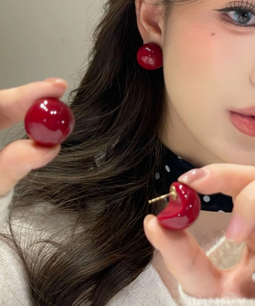 Modern Red Copper Overgild Pearl Stud Earrings