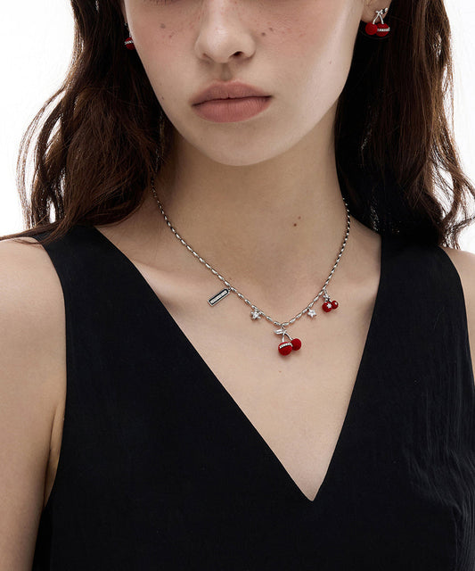 Modern Red Copper Overgild Zircon Velvet Cherry Pendant Necklace