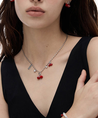 Modern Red Copper Overgild Zircon Velvet Cherry Pendant Necklace