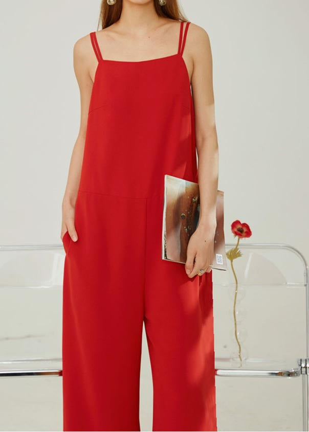 Modern Red Draping Chiffon Straight Pants Spaghetti Strap Jumpsuit Summer