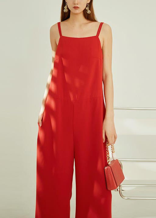 Modern Red Draping Chiffon Straight Pants Spaghetti Strap Jumpsuit Summer