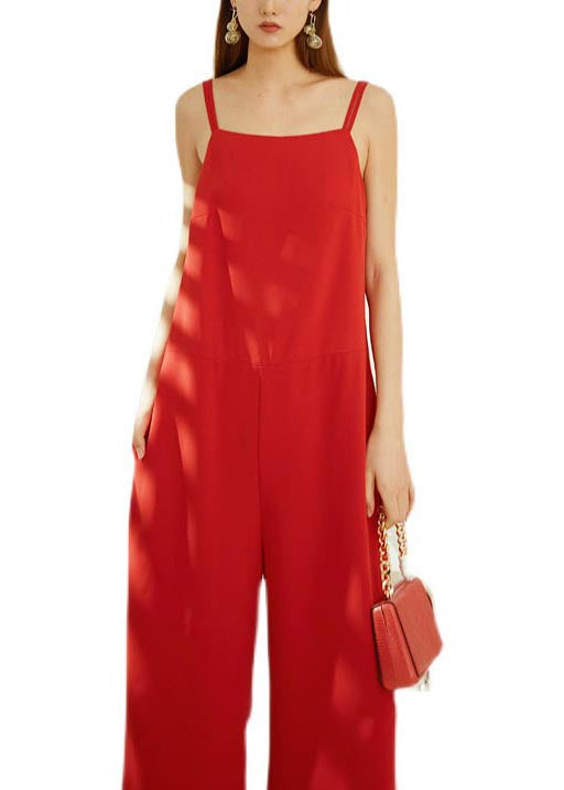 Modern Red Draping Chiffon Straight Pants Spaghetti Strap Jumpsuit Summer