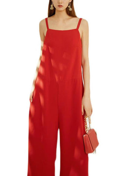 Modern Red Draping Chiffon Straight Pants Spaghetti Strap Jumpsuit Summer