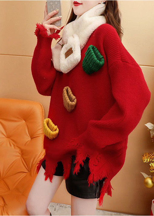 Moderne rote O-Ausschnitt übergroße Quaste dicken Strickpullover Tops Winter