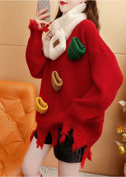 Moderne rote O-Ausschnitt übergroße Quaste dicken Strickpullover Tops Winter
