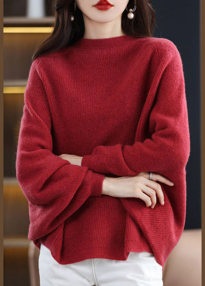 Moderner roter O-Ausschnitt Oversize-Strickpullover aus Wolle mit Fledermausärmeln