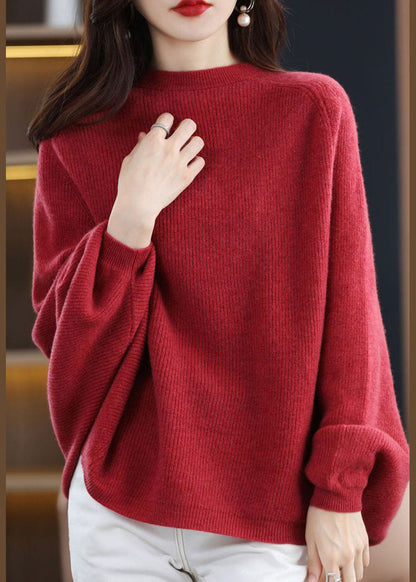 Moderner roter O-Ausschnitt Oversize-Strickpullover aus Wolle mit Fledermausärmeln
