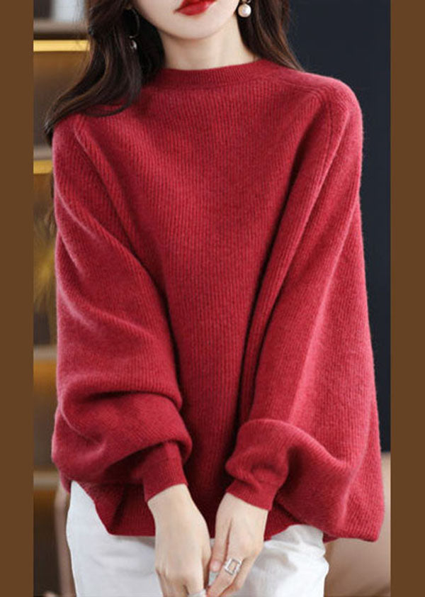 Moderner roter O-Ausschnitt Oversize-Strickpullover aus Wolle mit Fledermausärmeln