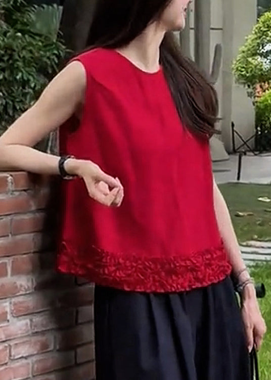 Moderna camiseta sin mangas de algodón con volantes rojos