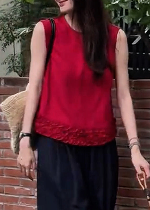 Moderna camiseta sin mangas de algodón con volantes rojos