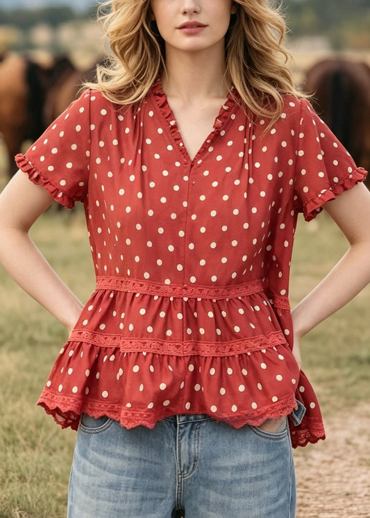 Modern Red Ruffled Print Cotton Top Summer