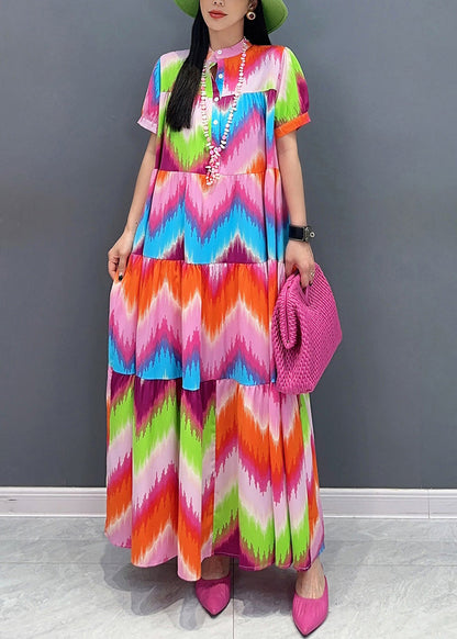 Modern Red Stand Collar Print Long Dress Summer