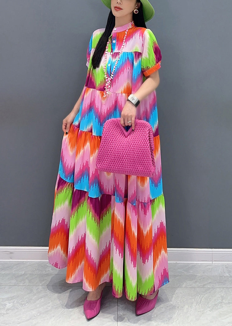 Modern Red Stand Collar Print Long Dress Summer