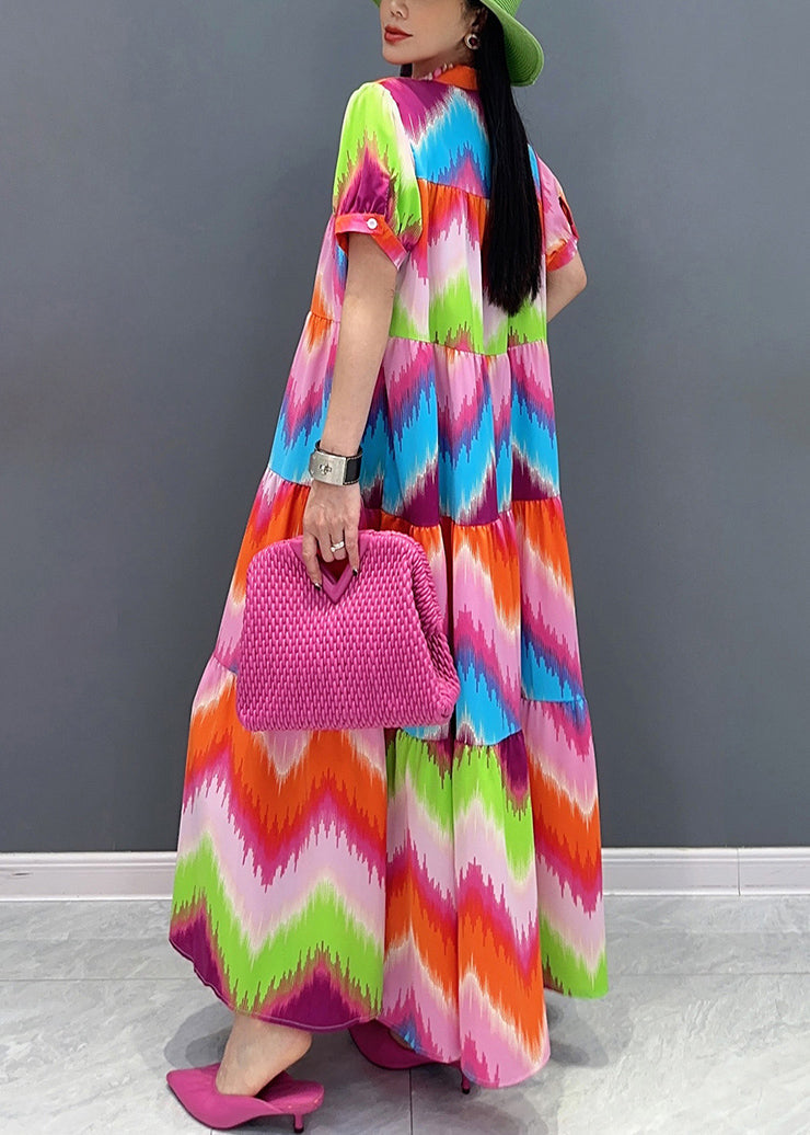 Modern Red Stand Collar Print Long Dress Summer