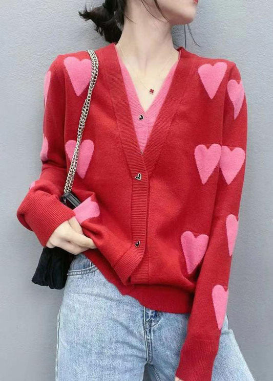 Moderne Rote V-ausschnitt Patchwork Liebe Jacquard Stricken Gefälschte Zwei Stück